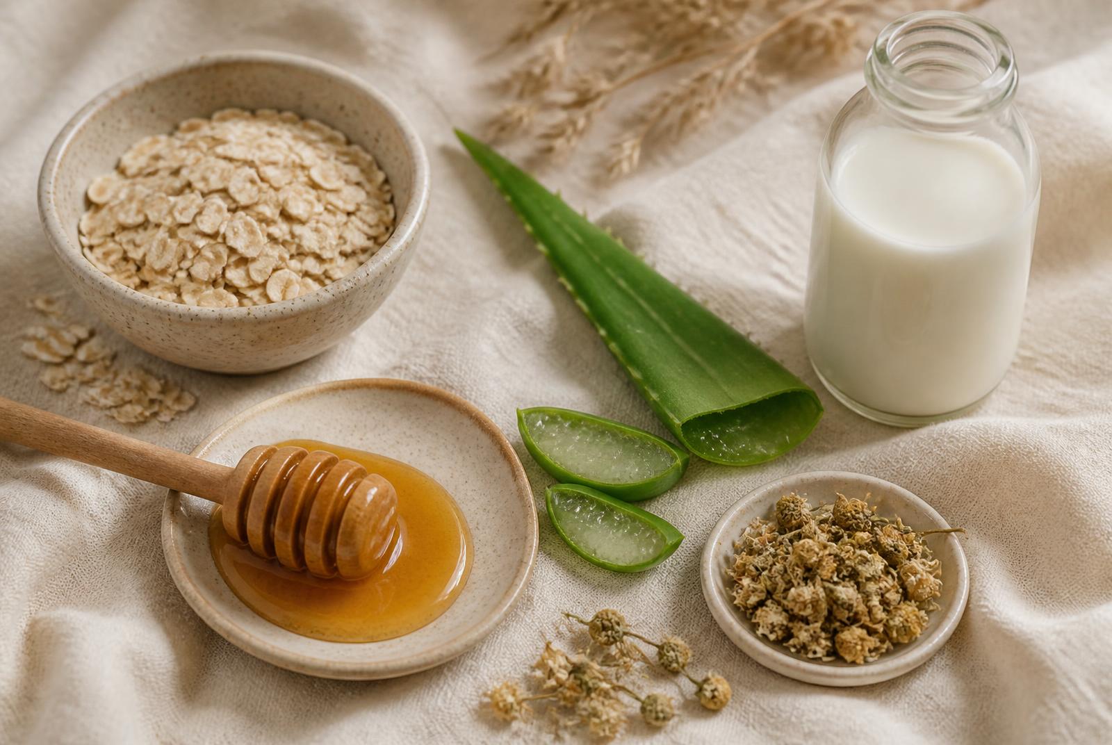 Natural soap ingredients: oats, manuka honey, aloe vera, chamomile and goat's milk
