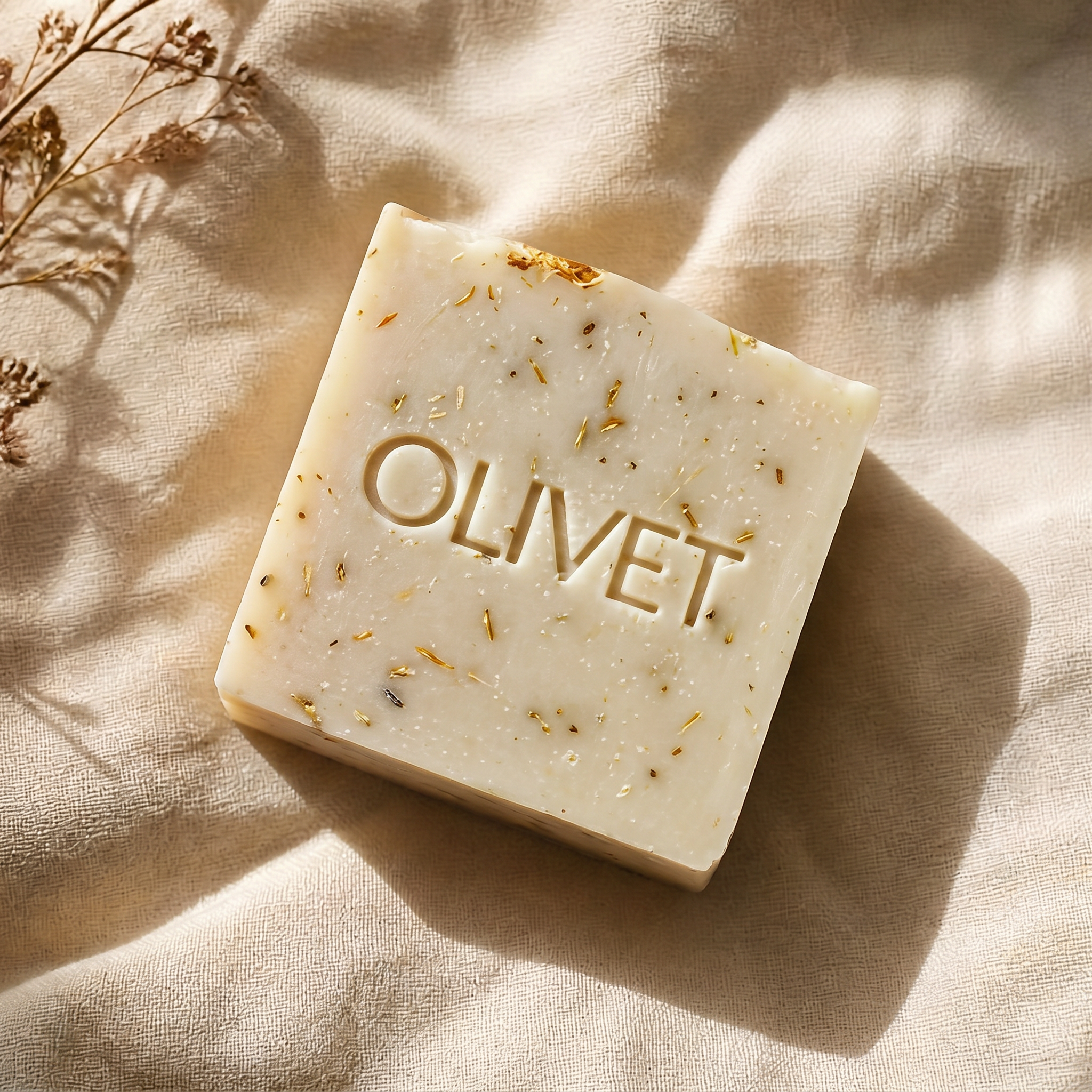 Handmade unscented soap bar on cream linen