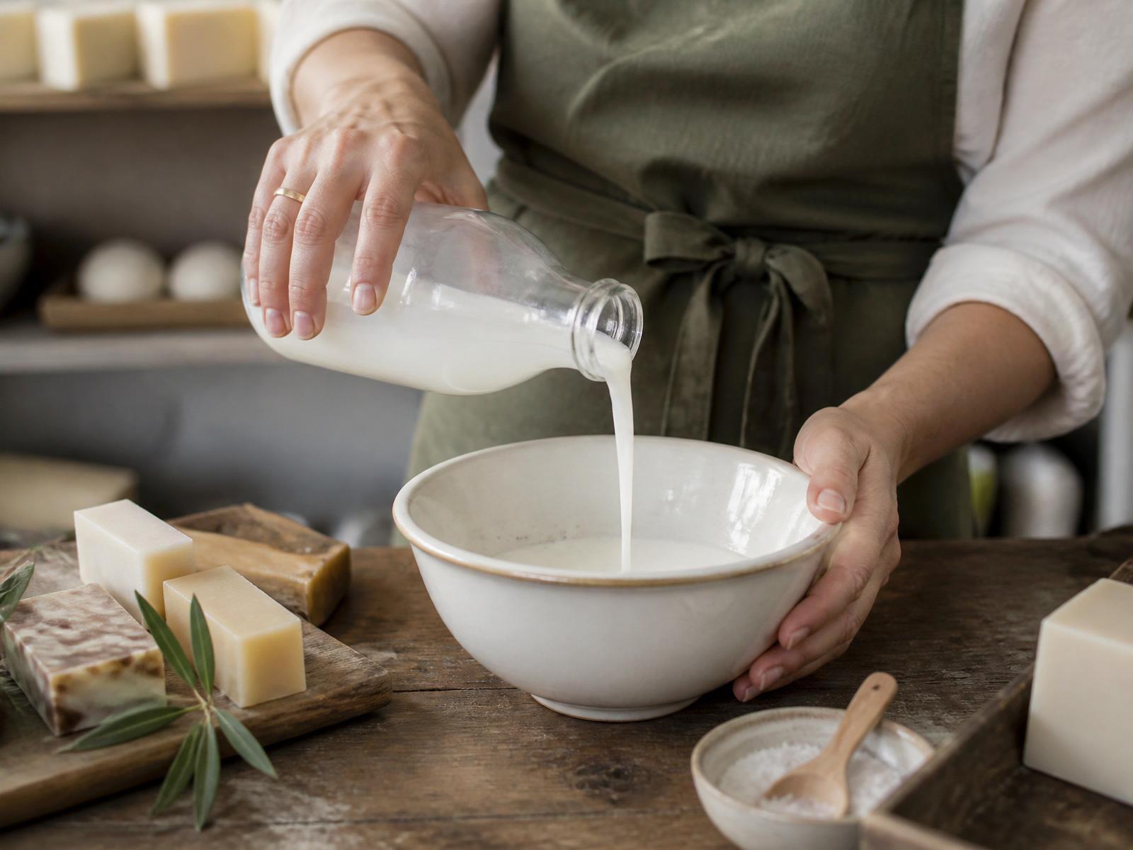 Pouring goat's milk in the Olivet workshop in Tampines, Singapore